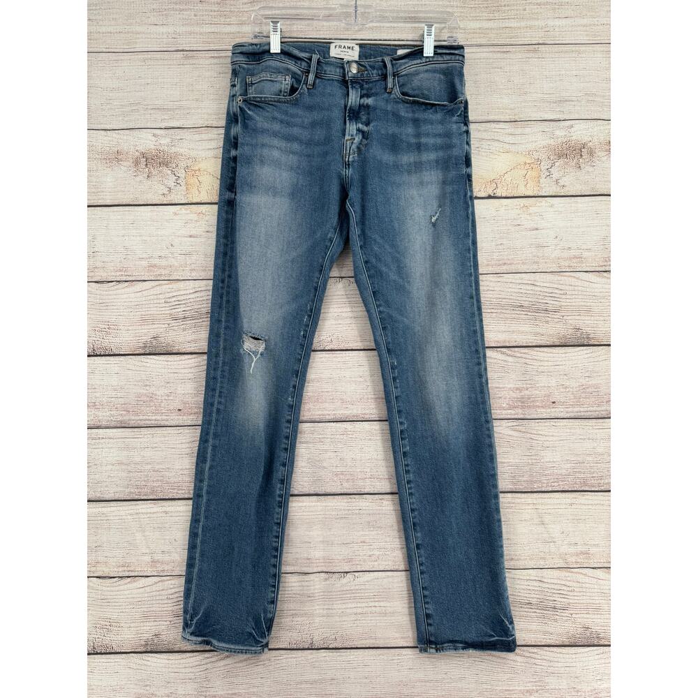FRAME Denim L'Homme Slim Jeans Men's‎ 31 Blue Medium Wash Distressed Stretch